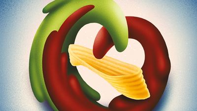 Ribbed Cinderella's Slipper with green and red sauces