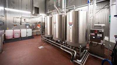 GEA’s three 400 gallon tank clean-in-place (CIP) system for rinse recovery, chemical processing, and water buffering