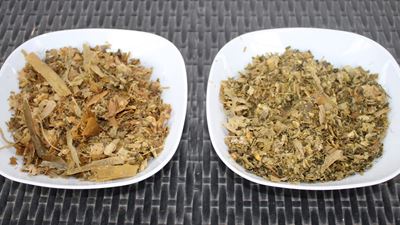 تقطيع الذرة (يسار) مقارنة بسيلاج الذرة المحصود تقليديًا (يمين). يوفر التقطيع الأطول للقطع مكونًا هيكليًا مهمًا عندما يكون علف العشب محدودًا أو غير متوفر.