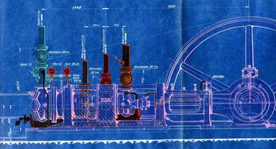 Technische Zeichnung für den Huppmann-Kolbenverdichter von 1923, der Teil des Versorgungsangebots von Huppmann für Brauereikunden war. Mitte der 1980-er Jahre beendete Huppmann die eigene Kompressorproduktion und verbündete sich stattdessen mit GEA Grasso.  