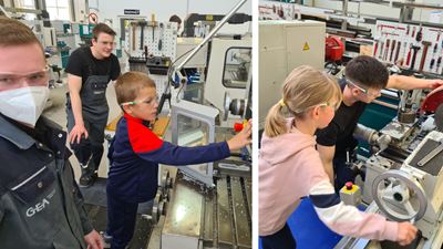 Turning, drilling and milling are part of the everyday work of the apprentices at GEA in Oelde. On the Stöbertage, the youngest offspring are also allowed to try their hand at the large machines, closely accompanied by the trainees. (Left picture: apprentice Richard Edich, industrial mechanic and Jonas Werdelhof, dual student mechanical engineering) (Right photo: Trainee Vladimir Diwiwi, cutting machine operator)