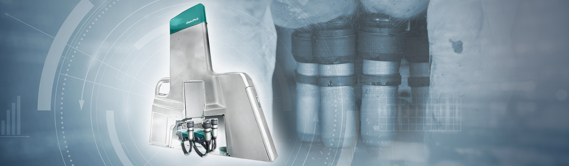 Graphic of dairy robotic milking module in front of milking unit attachment closeup