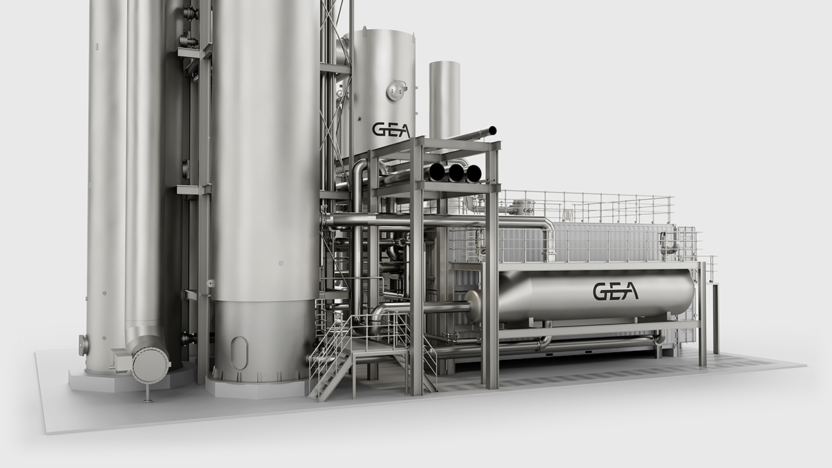 Detailed side view 3D rendering of GEA CEBO® Carbon Capture plant with CO2 capturing technology, featuring modular design and advanced industrial decarbonization systems.