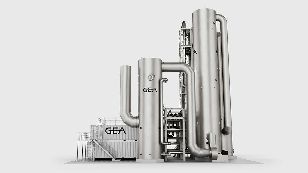 Frontal view 3D rendering of a GEA CEBO® Carbon Capture plant designed for CO2 capturing from industrial waste gas streams, highlighting a modular, compact design for optimized space usage.