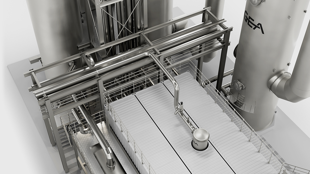 Top view 3D rendering of GEA CEBO® Carbon Capture plant, showing Direct Concact Cooler, Re-Heat Unit, Desorber Column and Absorber Column.